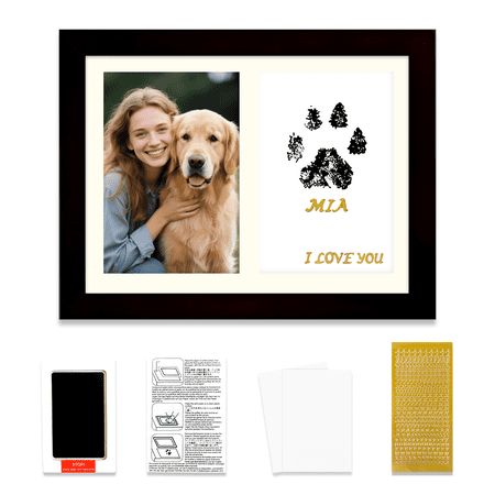 Pet Paw Print Memorial Picture Frame Kit, Wooden Acrylic Keepsake Frame with Ink Pad, Cardstock & Gold Letter Stickers for Dogs, Cats, Adoption Day & Birthday Memories