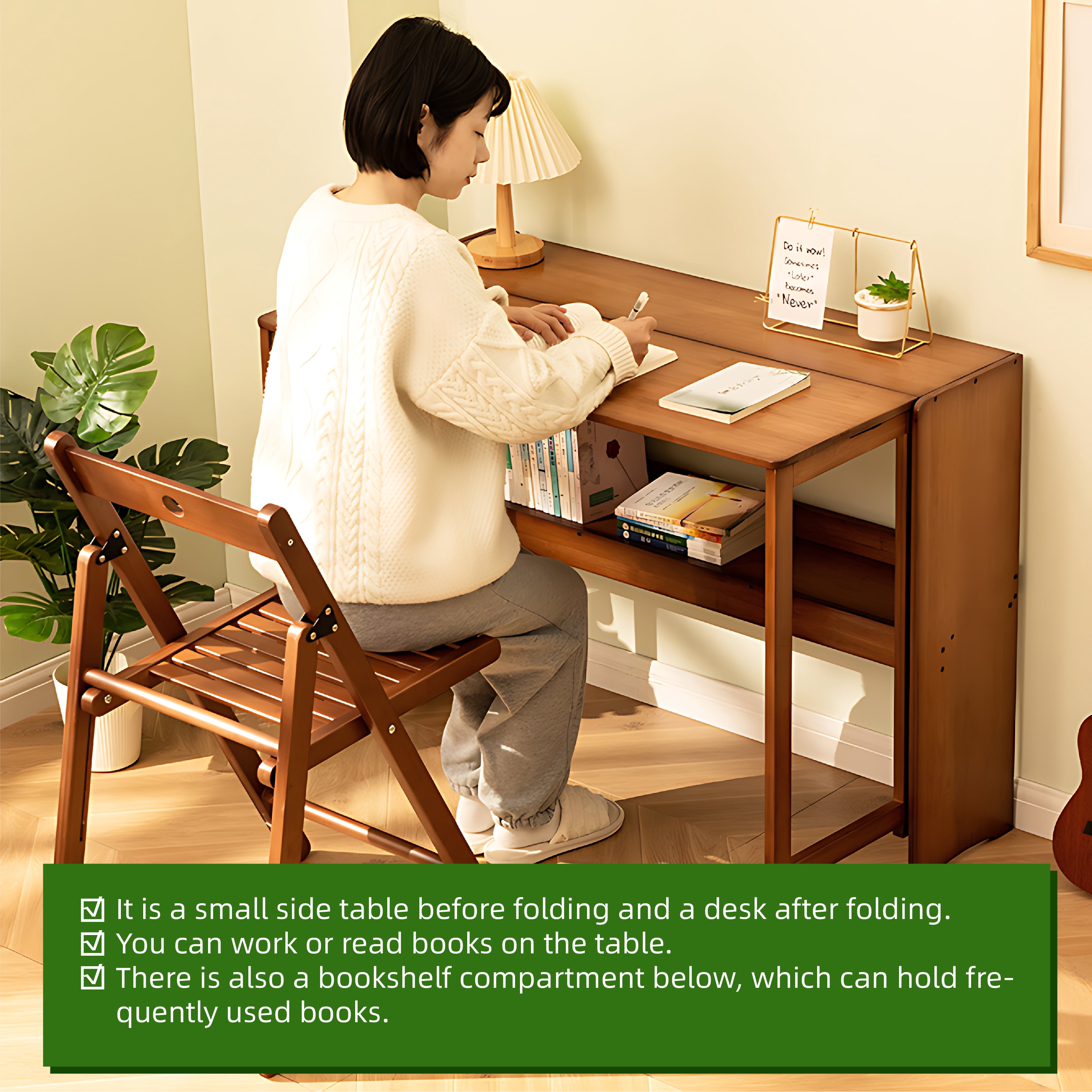 Bamboo Folding Desk, Space-Saving Foldable Computer Study Table with Storage Shelves for Bedroom Home Office Dorm Apartment