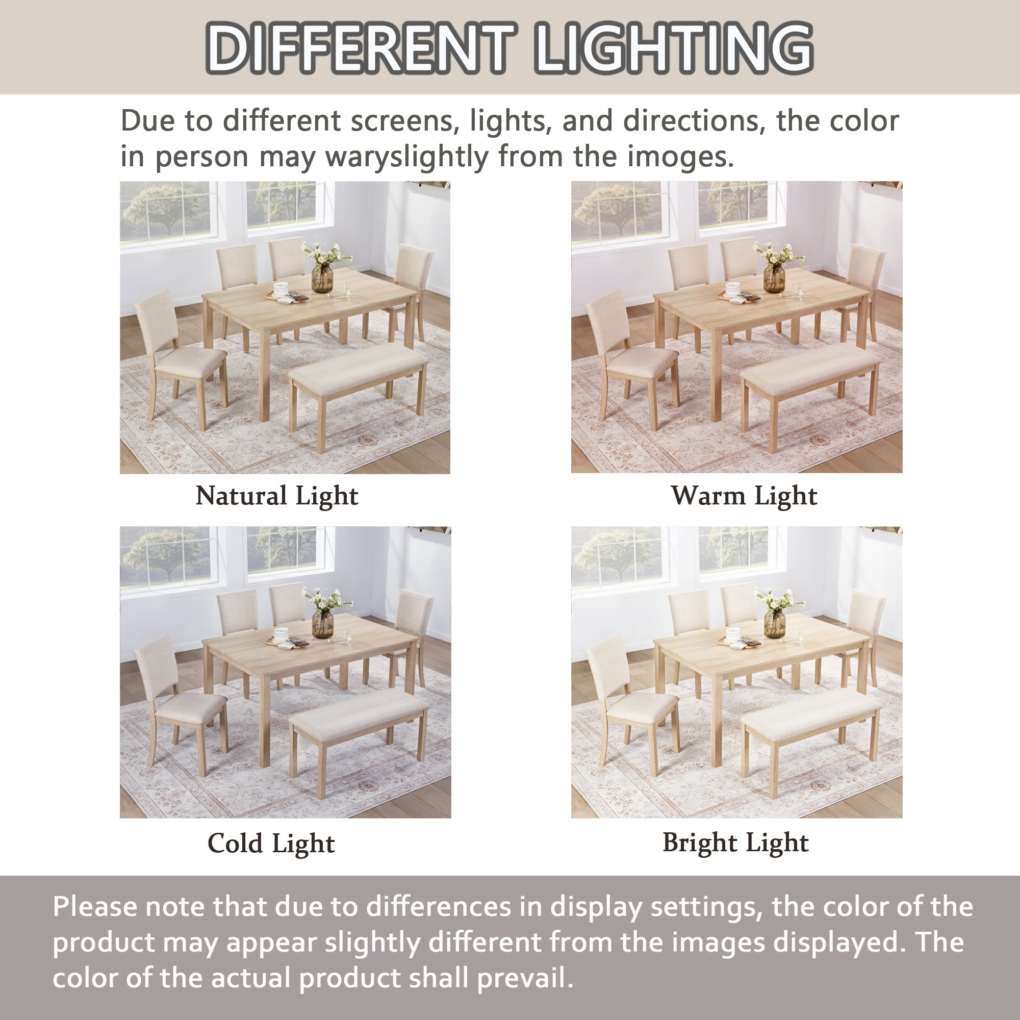 Gewnee Dining Set for 6,Farmhouse 6 Piece Dining Table Sets with Bench,Rectangle Wood Kitchen Table and 4 Upholstered Chairs.Light Oak & Beige