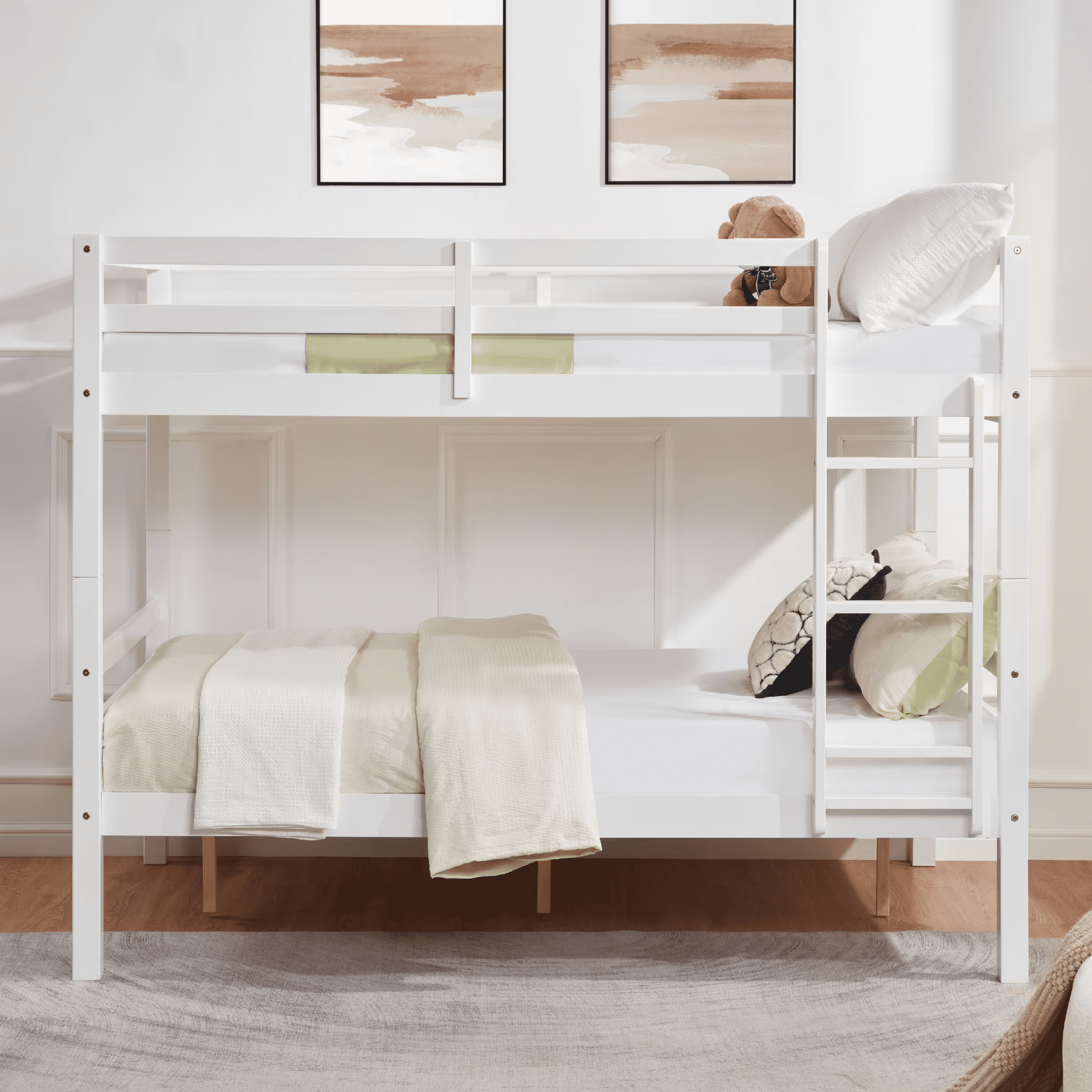MAYEERTY Full over Full Bunk Bed with Thick Posts, Wooden Bed Frame with High Guardrail and Ladder for Teens, No Box Spring Needed, White