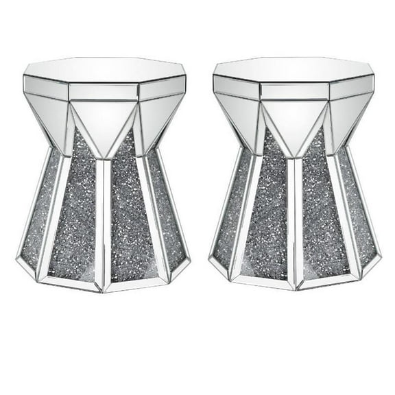 Home Square 2-Piece Furniture End Table Set in Mirrored & Faux Diamonds