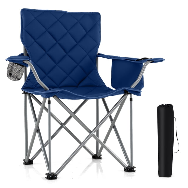 Gymax Oversized Camping Chairs Heavy Duty Outdoor Folding Chair w/Cooler Pouch Navy