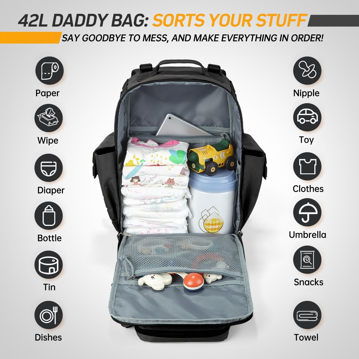 SHARKMOUTH Military Diaper Bag for Men: 40L Capacity with Changing Mat for Tactical Dads - 900D Military-Grade Polyester with MOLLE System for Work Commute/Hiking Camping Outdoor Activities (Black)