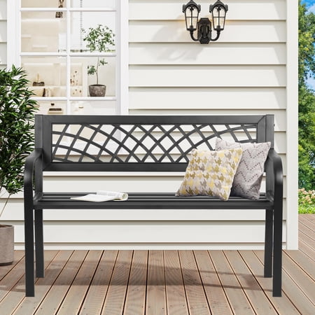 Outdoor Bench Garden Bench Patio Bench Outside Metal Bench with Armrests Capacity 400LBS Front Porch Bench for Park Yard Deck Lawn (Black)