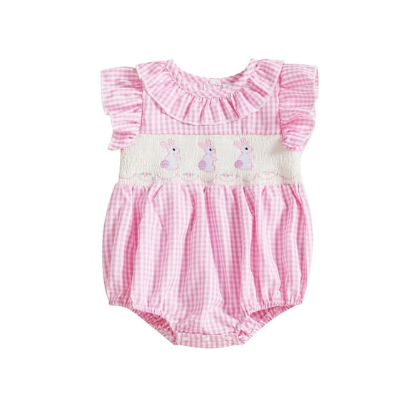 Newborn Baby Girl Easter Outfit Short Sleeve Ruffle Bunny Embroidery Smocked Romper Bodysuit 0 3 6 12 18 Months Cute Summer Outfit