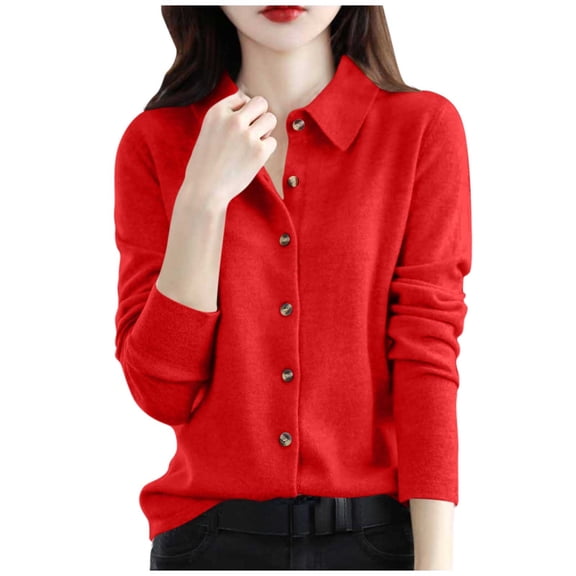MXUIKV Sweaters for Women Button down Collared Neck Long Sleeve Fall Fashion Fitness Tunic Stretchy Womens Tops Solid Color