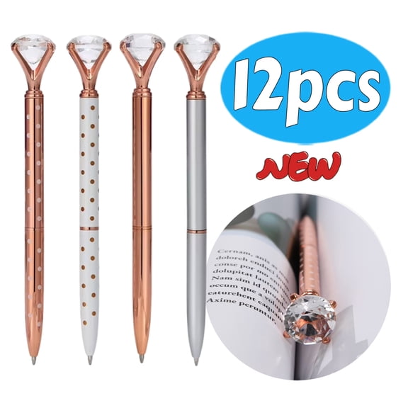 12-Pack Crystal Accent Ballpoint Pens, Diamond Top Decorative Writing Pens for Office Use & Gift Sets