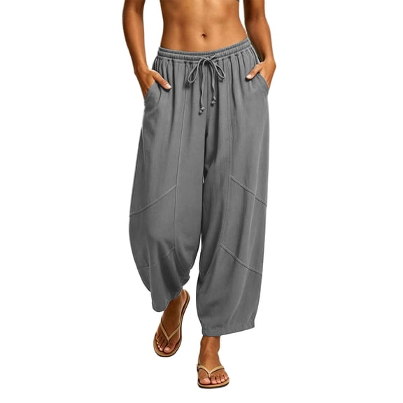 Levmjia Women's High Waisted Wide Leg Pants, Solid Color Drawstring Waist Casual Loose Fit Trousers with Pockets, Summer Beach Vacation Pants for Women