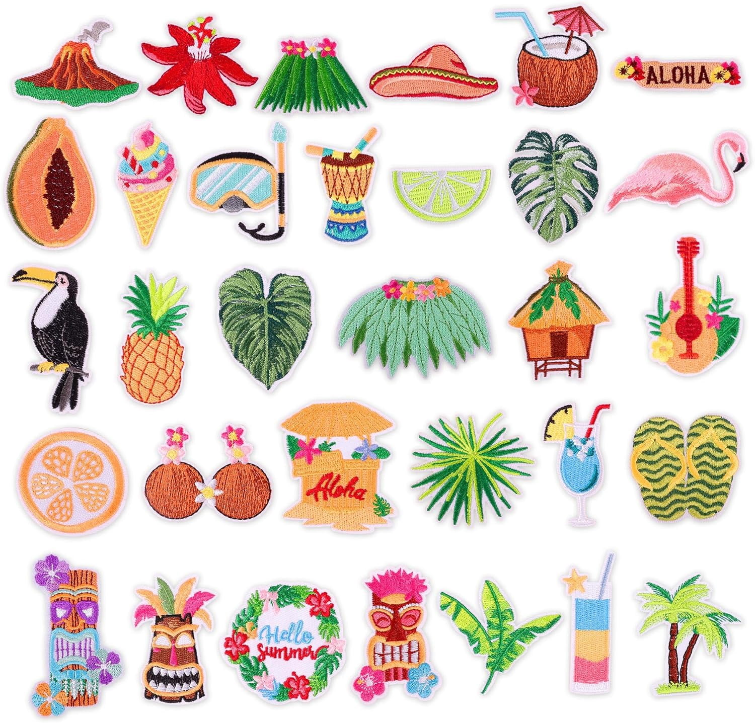 32Pcs Hawaiian Tropical Iron On Patches for Hats, Vibrant Aloha Summer Embroidered Patches s for Swimsuits/Beach Hats/Summer Bags