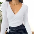thumbnail image 2 of Workout Tops for Women Bottoming Shirt Long Sleeve Knit V Neck Blouses,White,S, 2 of 5