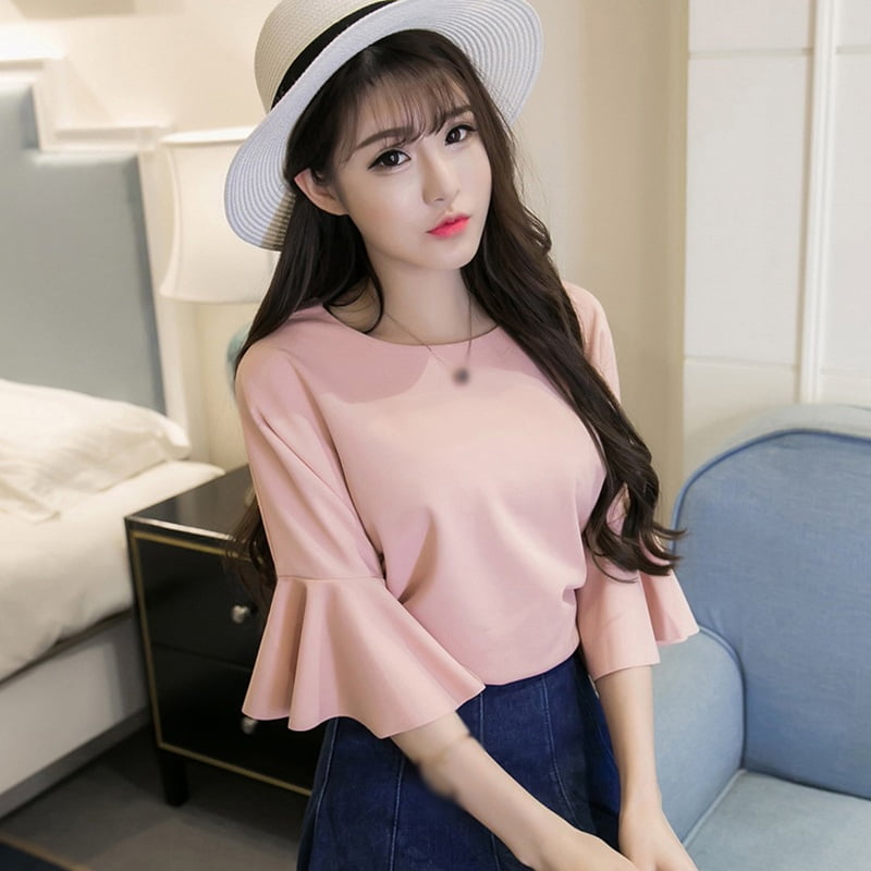 Summer T-shirt Korean Style Sweet Elegant Flare Sleeve O-Neck Top T-Shirt  Large Size Fashion All-Match Solid Casual Tee Top Pink L - Walmart.com