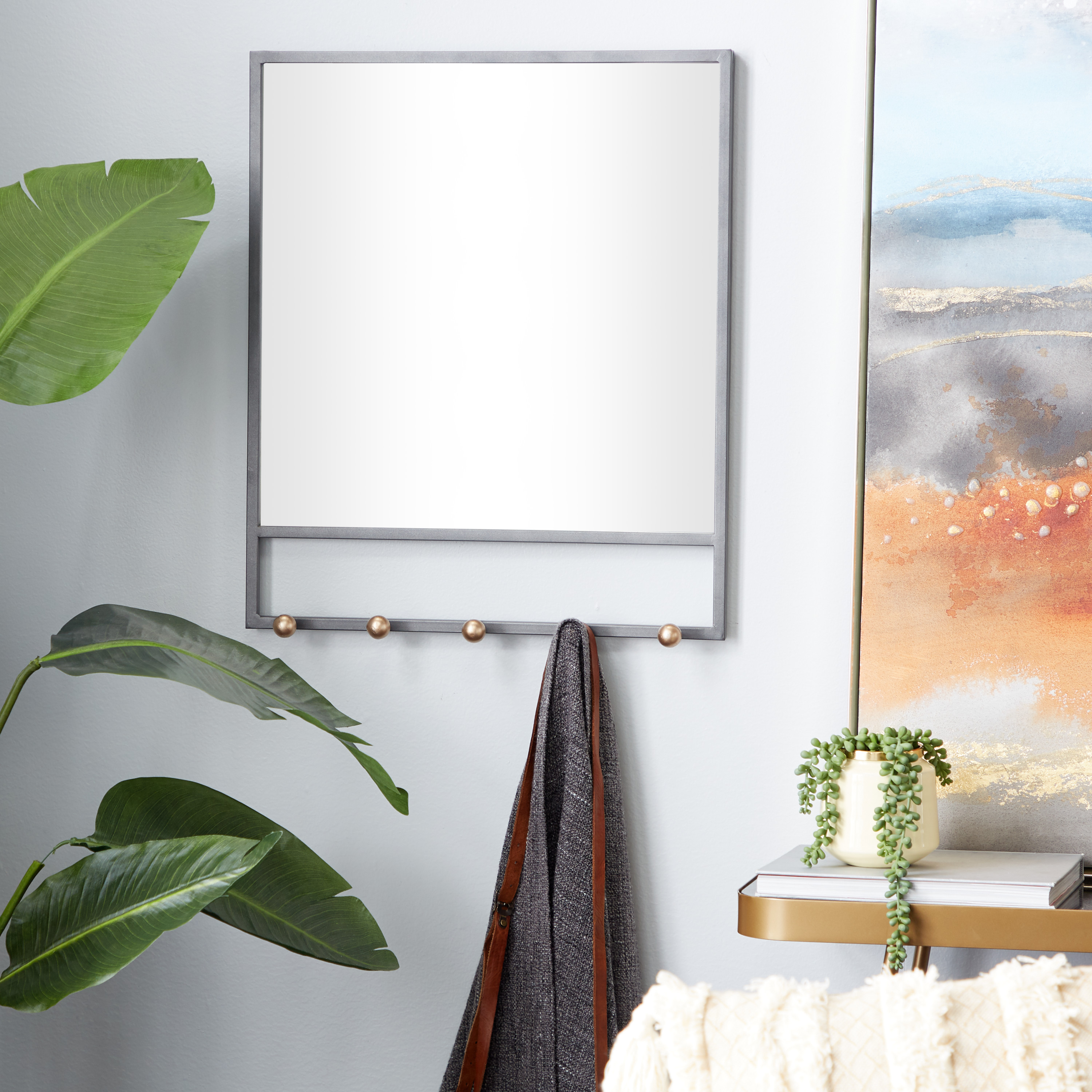 DecMode 20" x 24" Black 5 Hooks Wall Mirror