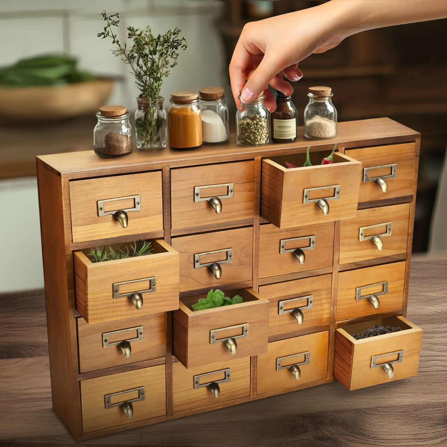 Apothecary Cabinet with Drawers - 16 Vintage Apothecary Drawers Desktop Organizer for Home & Office - Wooden Tabletop Library Card Catalog Cabinet Storage for Jewelry, Makeup & Tools, Brown