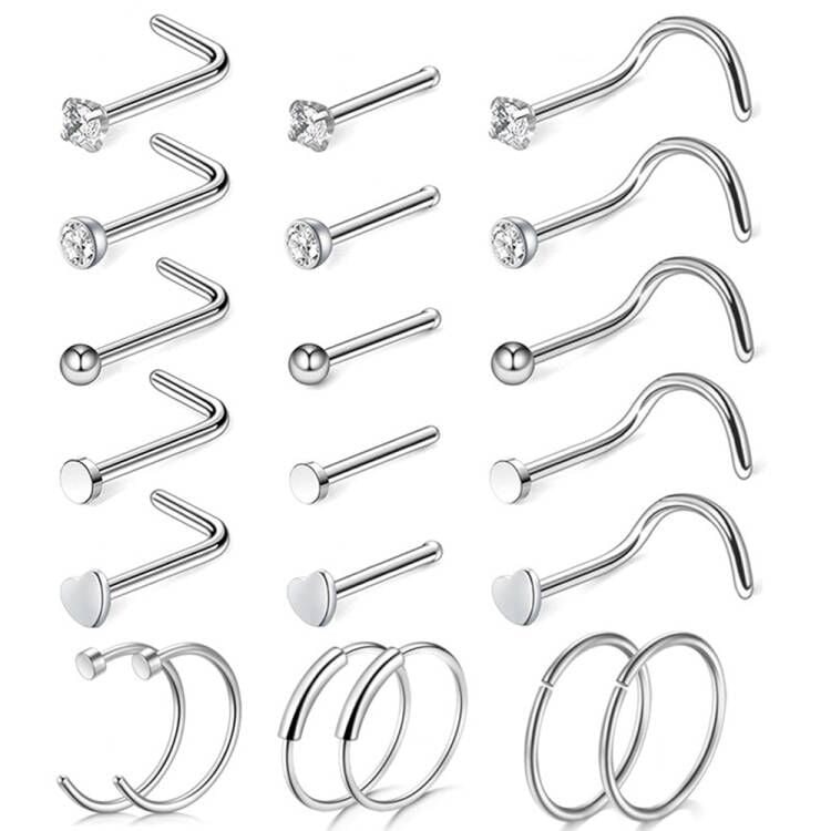 16pcs L Shape Nose Rings Nose Bone Studs Hypoallergenic Stainless Steel 20G 