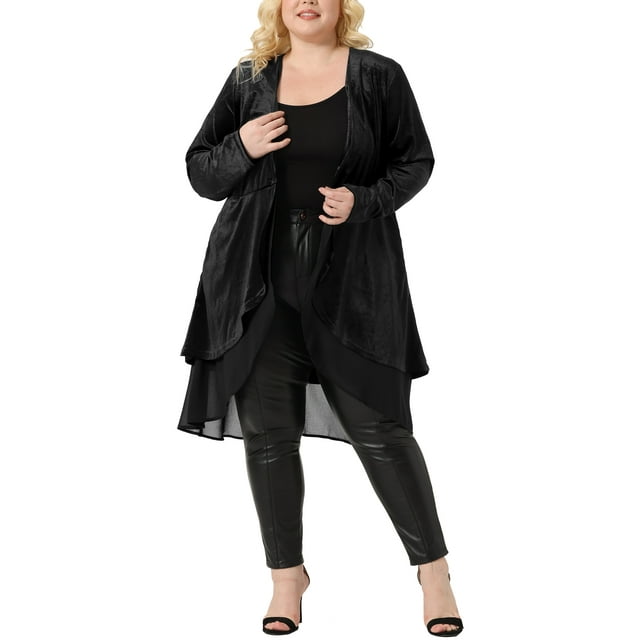 Cárdigan de mujer plus size Agnes Orinda con volantes, asimétrico, de frente abierto, chaquetas largas de terciopelo 4X negro