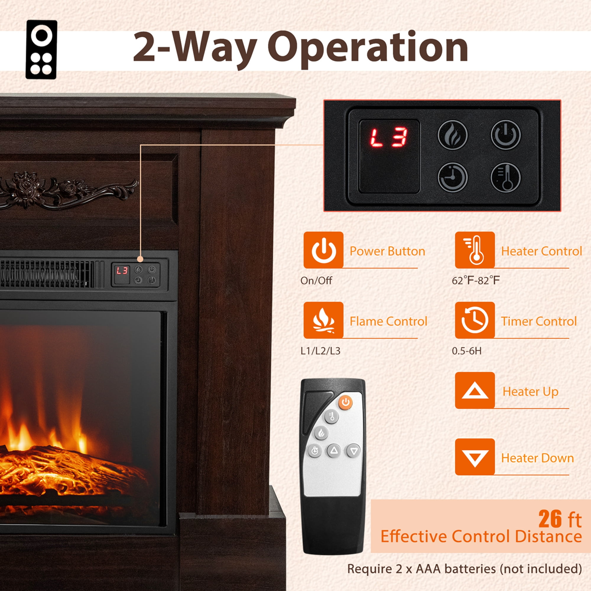 Costway 32" Electric Fireplace Mantel TV Stand Space Heater w/Remote Control 1400W Brown