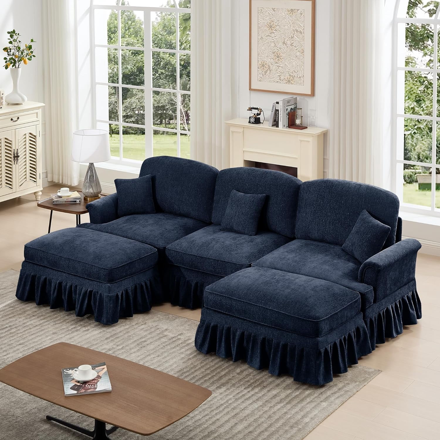 Mid Century Chenille Sectional Sofa, U Shape 3 Seat Couch with Flared Arms, Removable Ruffles Pleats Skirts, Deep Seat Sofa for Living Room, Blue