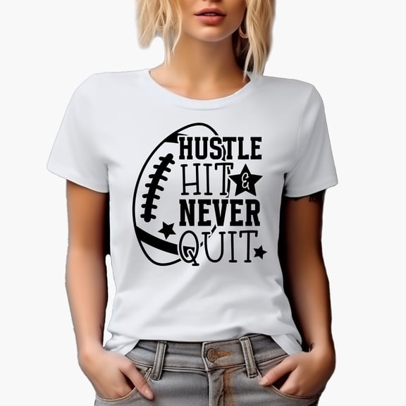 Hustle Hit & Never Quit with Football Art Merch Gift, White T-Shirt, Small
