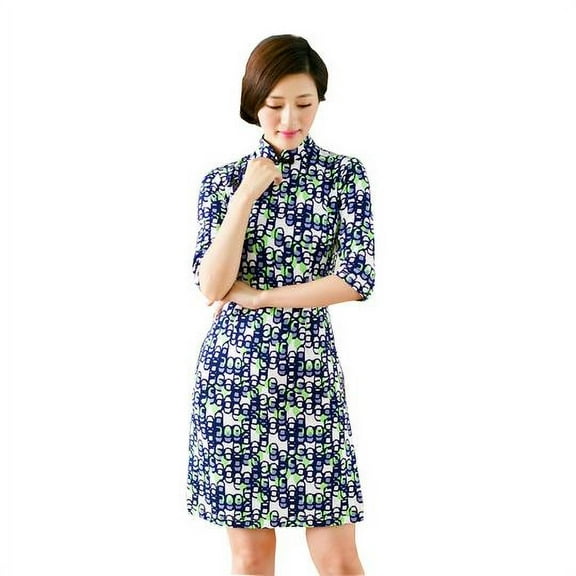 Women Special 1/2 Long Sleeve Modern Mandarin Chinese Cheongsam Qipao Sheath Short Dress ( Navy )