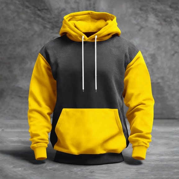 QHRMKOG Mens Hooded Sweatshirt Casual Color Block Pullover Hoodie Relaxed Fit Long Sleeve Drawstring Sweatshirts Winter Warm Tops with Pockets Yellow XL