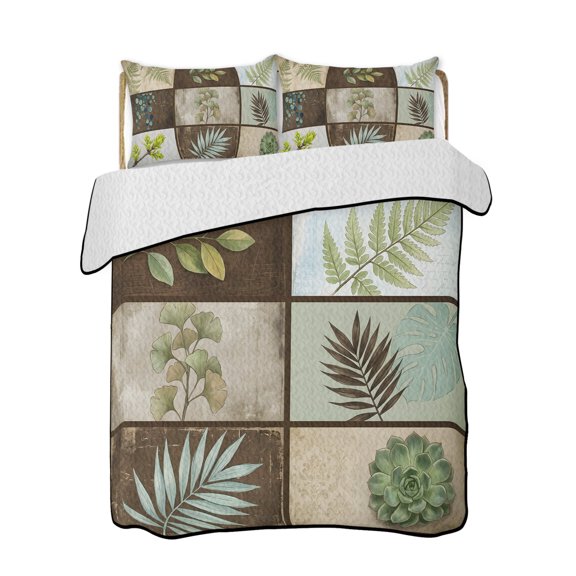 Quilt King Size Bedding Set, Vintage Leaves Reversible Summer Quilt 3 Pieces, Green Palm Plants Ginkgo Rustic Botanical Lightweight Bedspreads Coverlets with 2 Pillow Shams for All Seasons