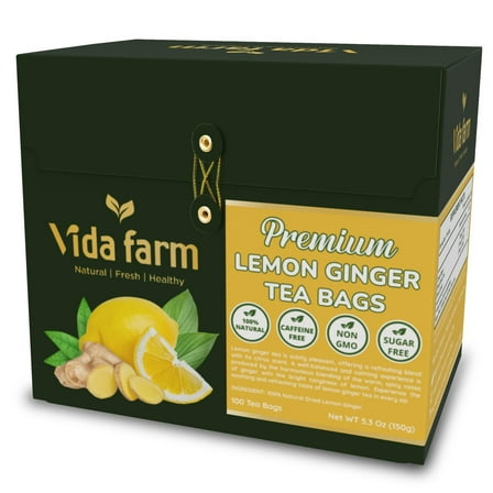100 Premium Lemon Ginger Tea Bags, 100% Natural Pure Lemon Ginger Herbal Tea, Caffeine-Free, No Sugar, Vegan