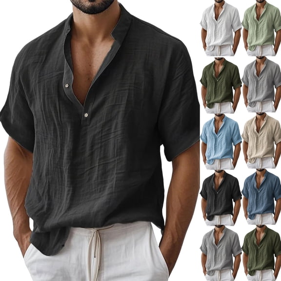 Horkkom Short Sleeve Shirts for Men Breathable Solid Color Linen Shirts Summer Loose Casual Shirts L