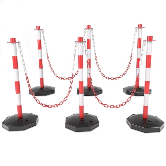 6 Pack Traffic Barricade Delineator Post with Fillable Base, Crowd Control Barriers, Cones for Parking Lot, Adjustable Stanchions with 5.4FT Plastic Chain Outdoor and Indoor (Red White)
