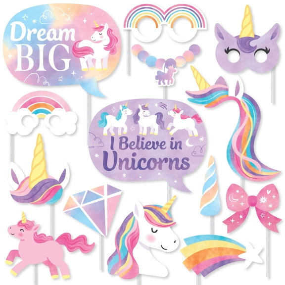 Big Dot of Happiness Unicorn Photo Booth Props Kit, Rainbow Unicorn Birthday Party Supplies - 20 Count Selfie Prop Sticks