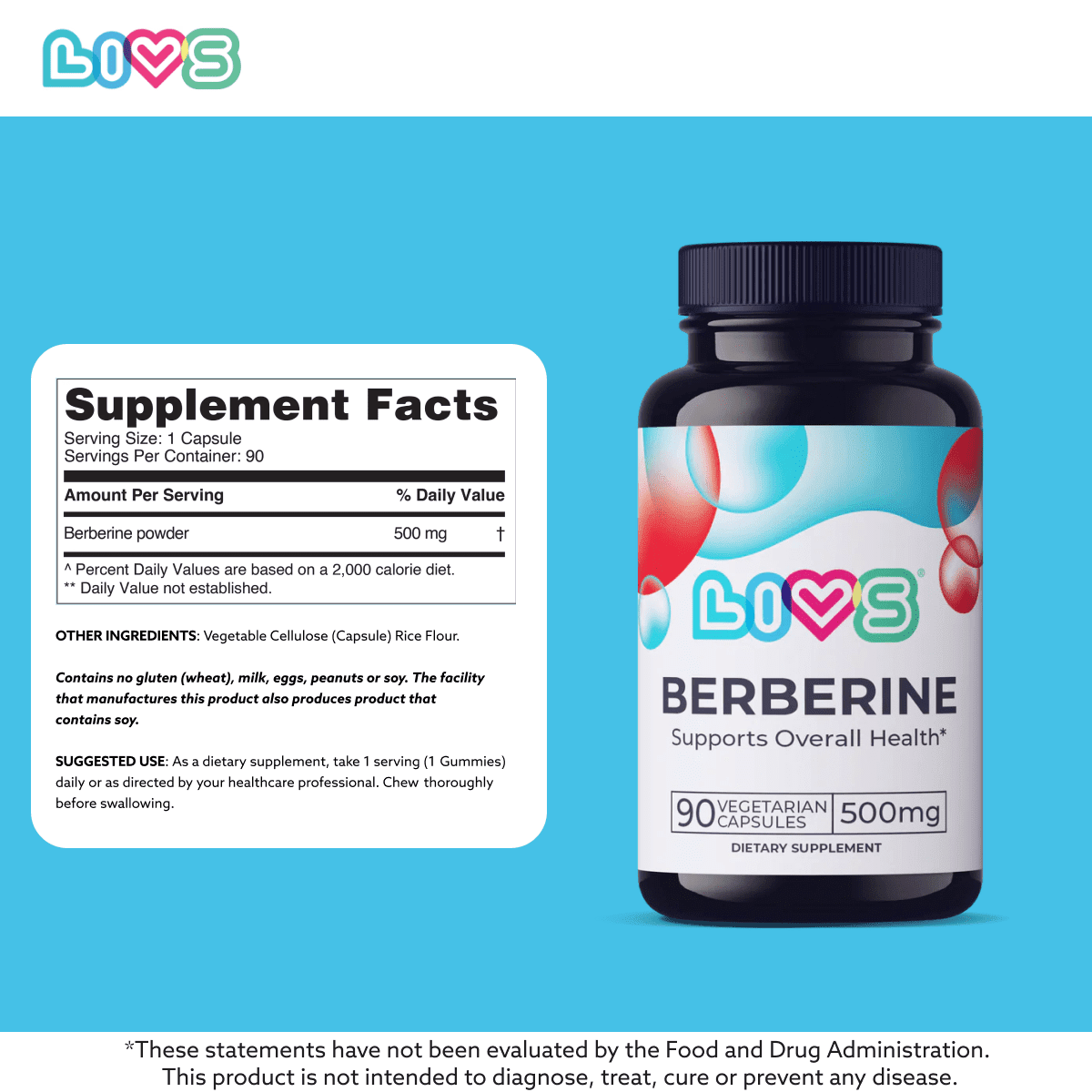 LIVS Berberine Capsules 500mg – Cholesterol, Triglyceride & Gut Health Support, Vegan Supplement – 90 Count