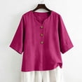 thumbnail image 6 of Nestiefly 3/4 Length Sleeve Womens Tops Cotton Linen V Neck T Shirts Summer Beach Casual Boho Three Quarter Sleeve Tops Hot Pink XL, 6 of 8