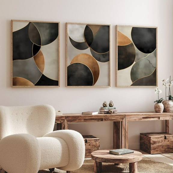 Luvia Abstract Black Brown Prints Set Of 3, Wabi Sabi Gallery Artwork, Modern Circles Art, Modern Wall Decor Set 3 Prints 8x12 UNFRAMED