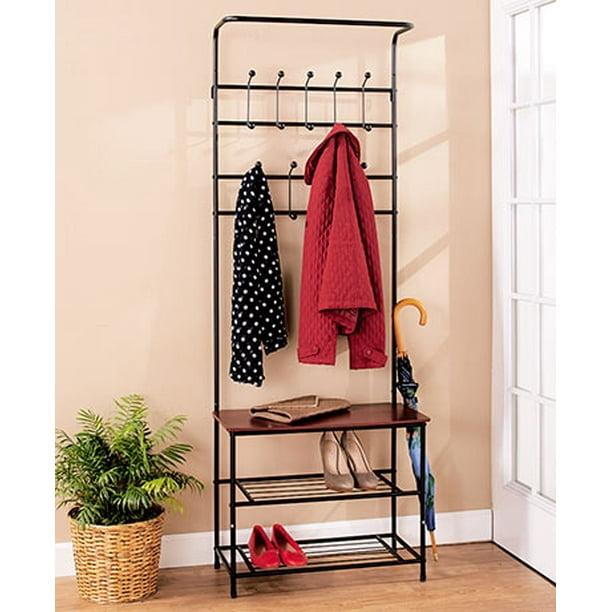 Entryway Storage Bench Coat Rack Black Metal Wood Seat Shelf Hall Tree Rustic Com Entryway Storage Bench Coat Rack Black, Rustic Entryway Coat Rack With Bench