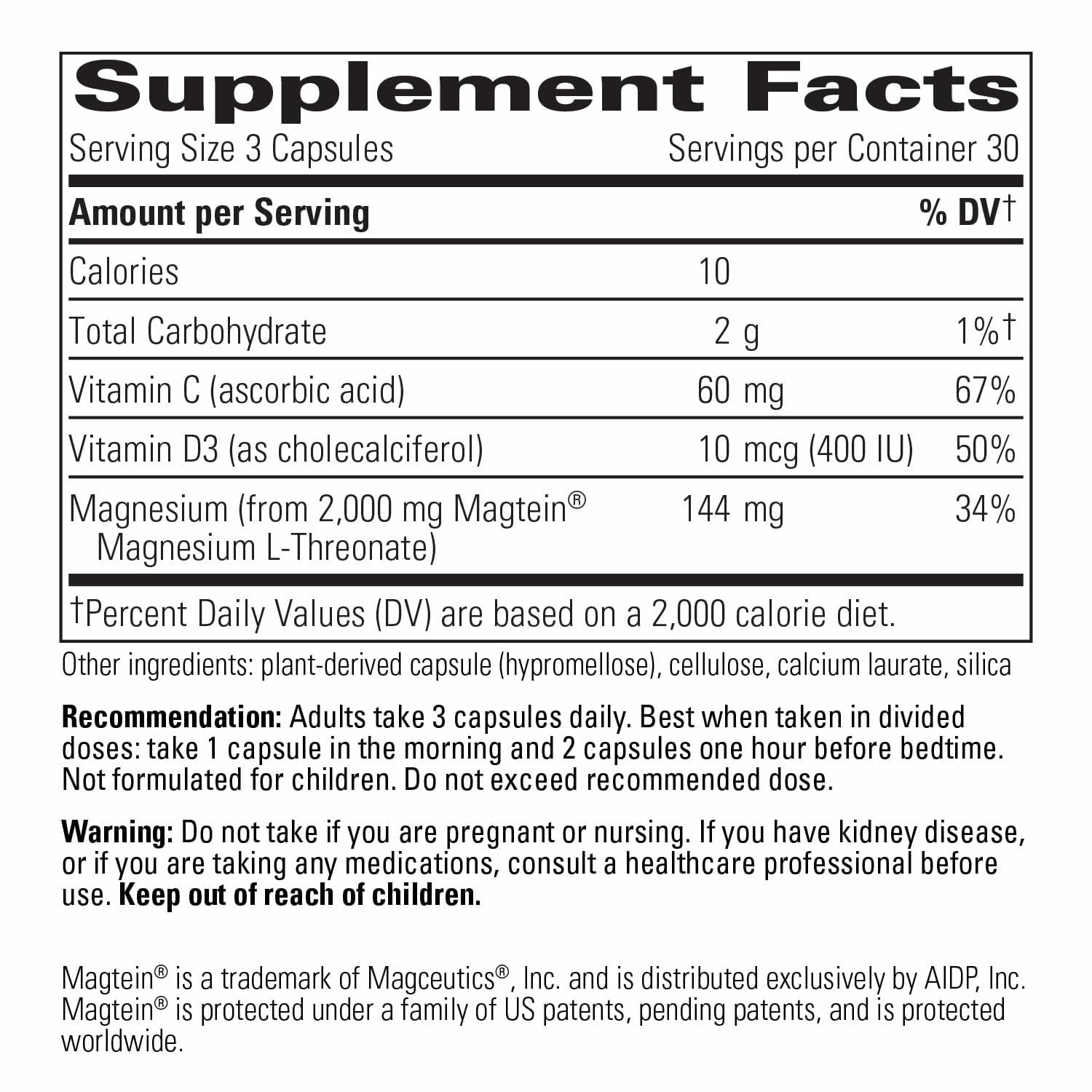 Integrative Therapeutics Magtein L-Threonate Plus - Brain Function Supplement to Support Short-Term Memory* - Includes Vitamin C, D3 & Magnesium - Dairy-Free & Gluten-Free - 90 Capsules (30 Servings)