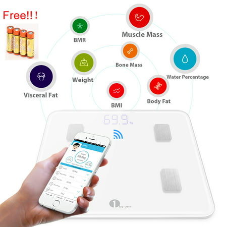 1byone Digital Smart Body Fat Scale Weight Scale with IOS and Android App to Manage Body weight, Body Fat, Water, Muscle Mass, BMI, BMR, Bone Mass and Visceral Fat, White with (Best Body Temperature App)