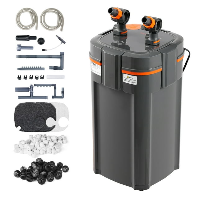 VEVOR Aquarium Filter 264GPH, a 3-stage canister filter designed for 75-gallon fish tanks. The gray ABS filter features a pure copper brushless motor for ultra-quiet operation under 50 decibels. It includes a UV lamp with timer settings, flow adjustment valve, and multiple sealing mechanisms to prevent leaks. Accessories such as PVC hoses, suction cups, bio-balls, ceramic rings, and sponges are included for efficient filtration. Suitable for home aquariums, fish ponds, and exhibition tanks.