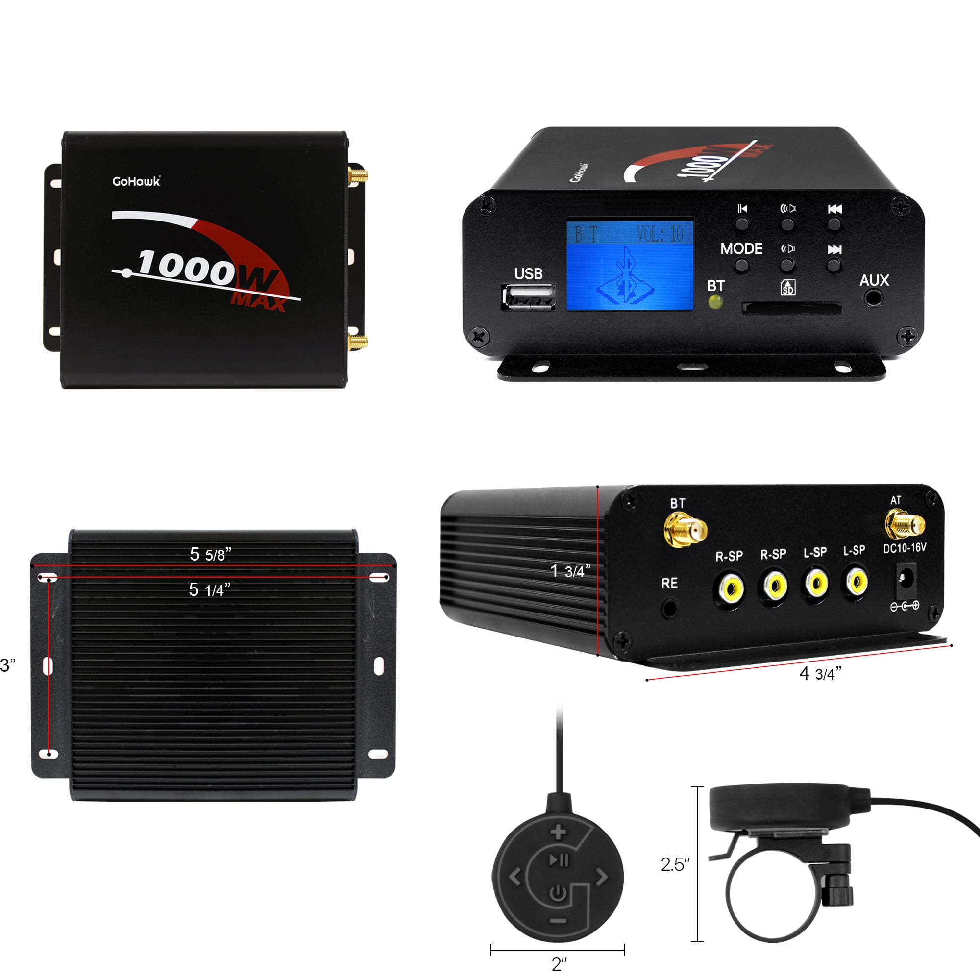 GoHawk T1000 4 Channel Amplifier Bluetooth Stereo Audio System USB FM Radio for Harley Touring Motorcycle ATV UTV