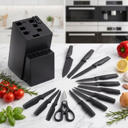 14 Piece Kitchen Knife Set with Block and Built-in Sharpener, Stainless Steel Blades, Dishwasher Safe, Ergonomic Handle, Black