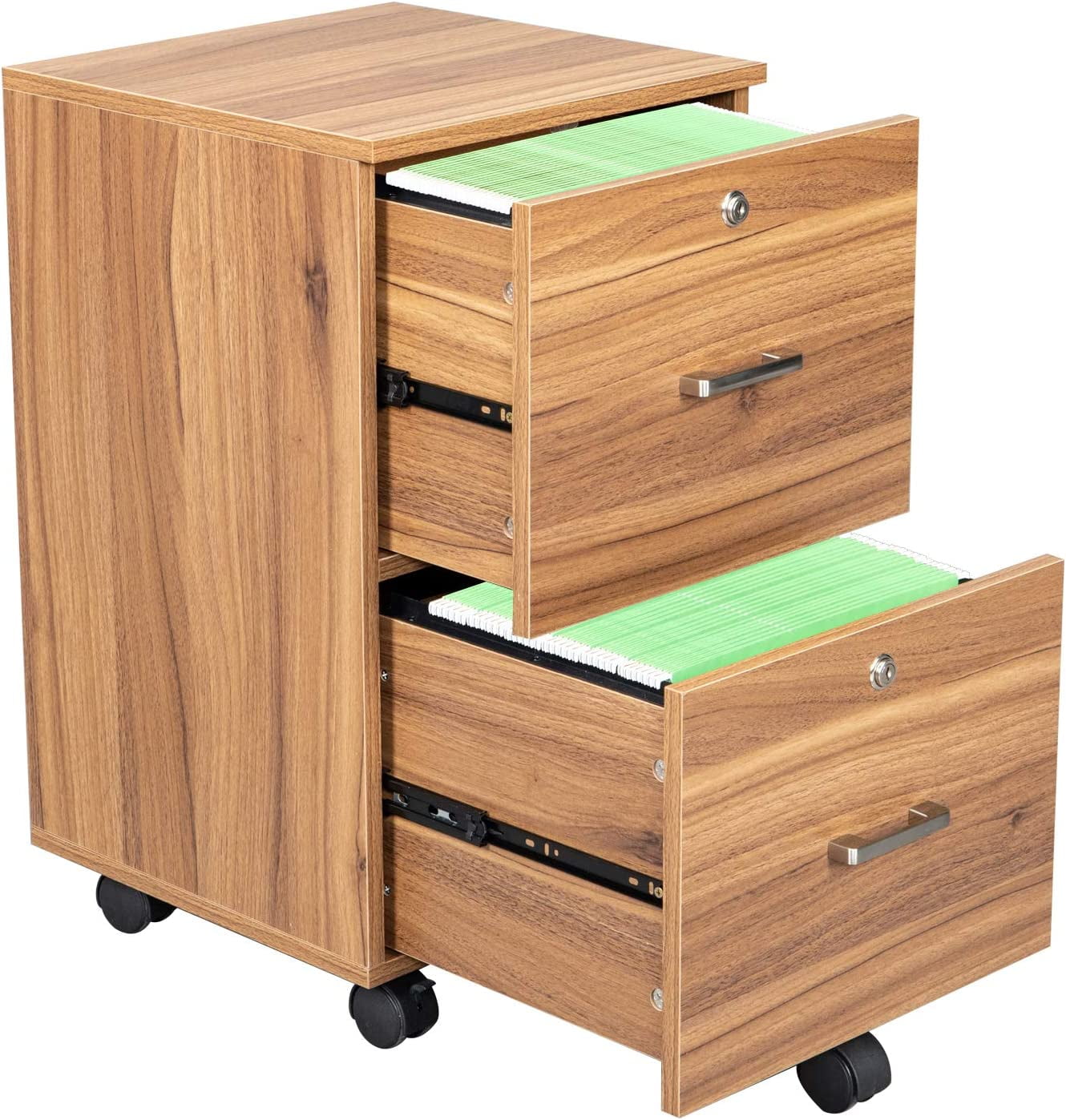 VINGLI 2-Drawer Rolling File Cabinet with Lock, Letter Size Wood Mobile Filing Cabinet Under Desk for Home Office, Walnut, 26.5in