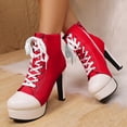 thumbnail image 3 of Rokment Stiletto Heels Platform High Top Fashion Sneakers For Women Trendy Casual Canvas Lace up Heeled Walking Pumps Ankle Boots with Side Zipper Spring Fall Winter Red Size 9.5, 3 of 8