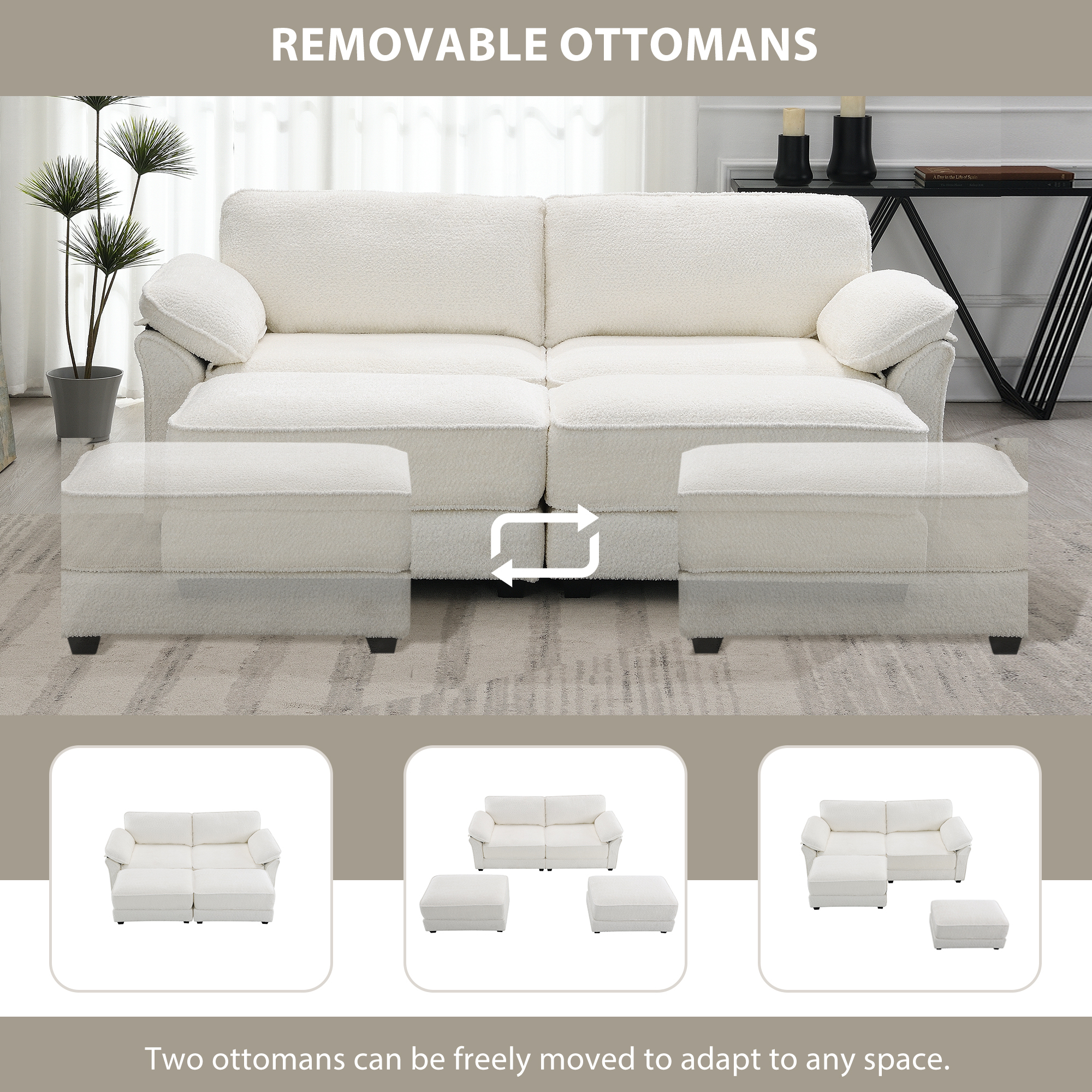 EUROCO 81" Modular Convertible Sectional Sofa Bed Set, Combinational 4 Seat Upholstered Sleeper Corner Couch Deep-Seat Loveseat with Removable Armrest Bag and Ottoman for Living Room, White
