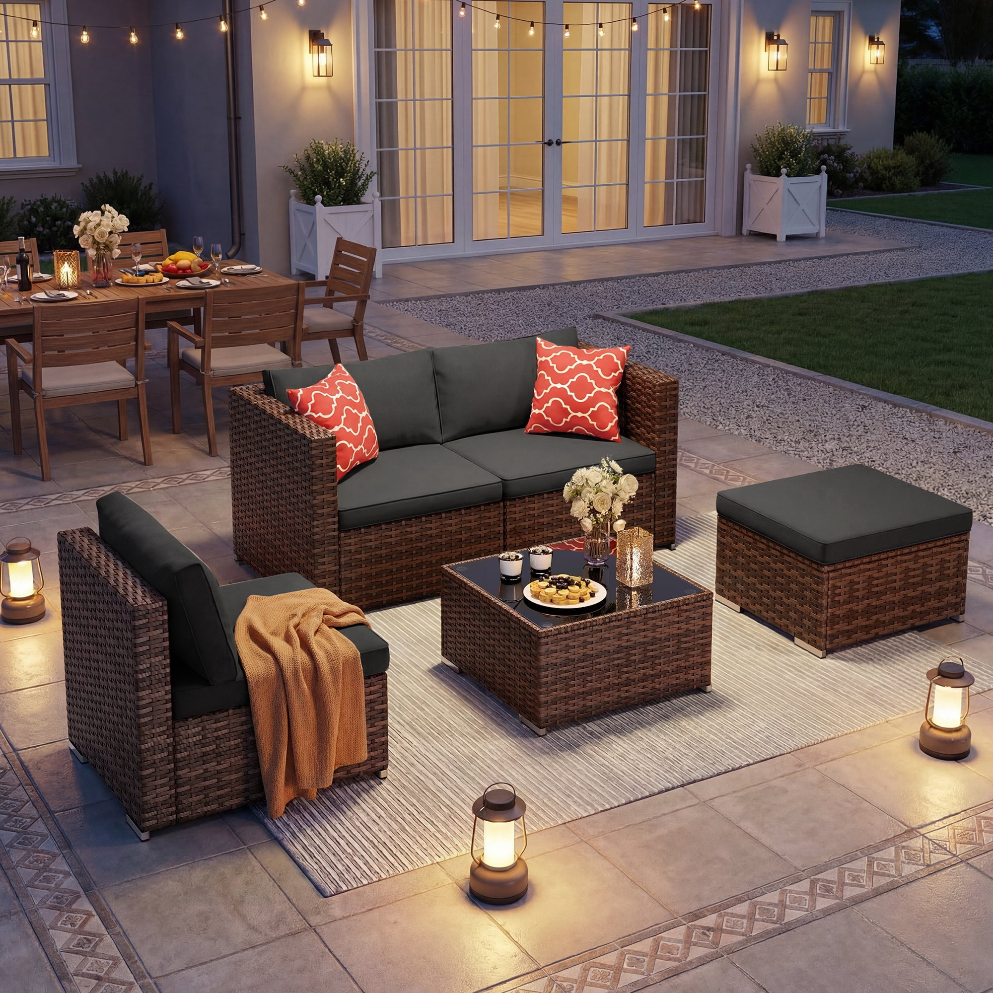 5 PCS Wicker Patio Furniture Set, PE Rattan Outdoor Sectional Sofa with Beige Cushions and Glass Coffee Table, for Backyard, Porch, Poolside & Garden - Brown Rattan, Black Cushion