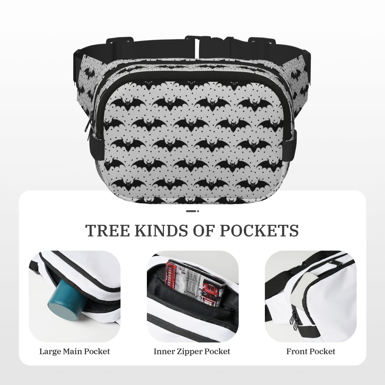 Hirioo Bat for Double Layer Waist Bag Adjustable Fanny Pack For Travel Running Hiking