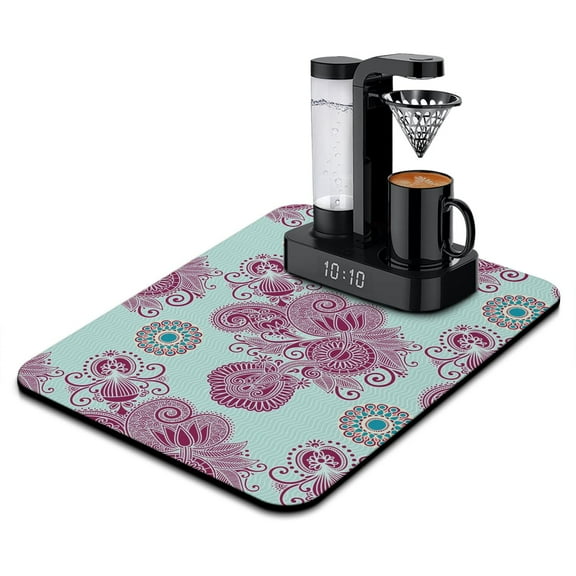 Artistic Paisley Print Dish Drying Mat, Ethnic Boho Absorbent Coffee Bar Mat, Elegant Retro Kitchen Counter Protector