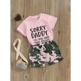 thumbnail image 3 of Suealasg Little Girl Summer 2Pcs Outfits Set 1T 2T 3T 4T 5T 6T Kids Girl Short Sleeve Letter Print Tops + Camouflage Print Shorts Beach Party Clothes for Children Girls, 3 of 9