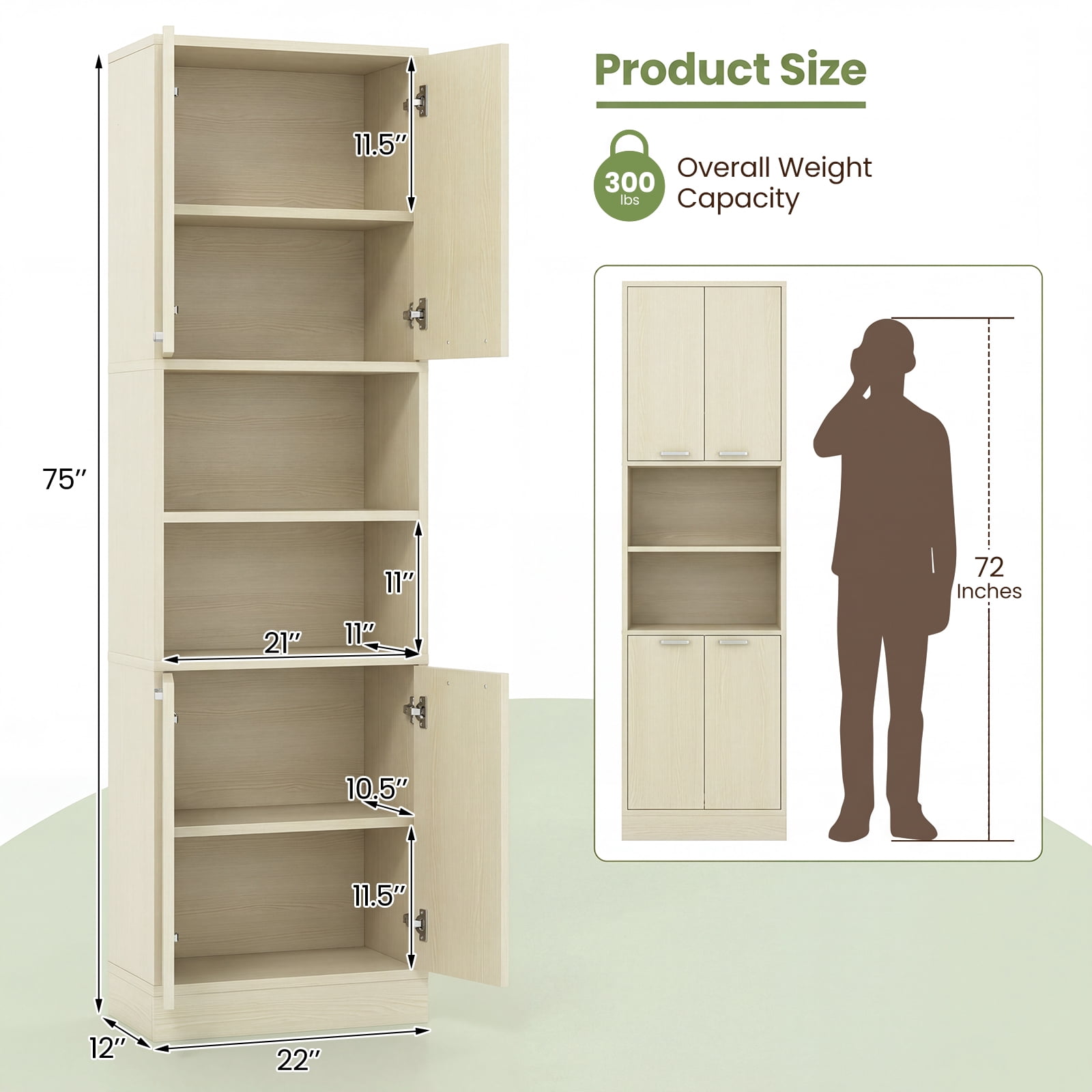 Costway Kitchen Pantry Cabinet, 75” Tall Freestanding Cupboard with Doors & Shelves Light Oak