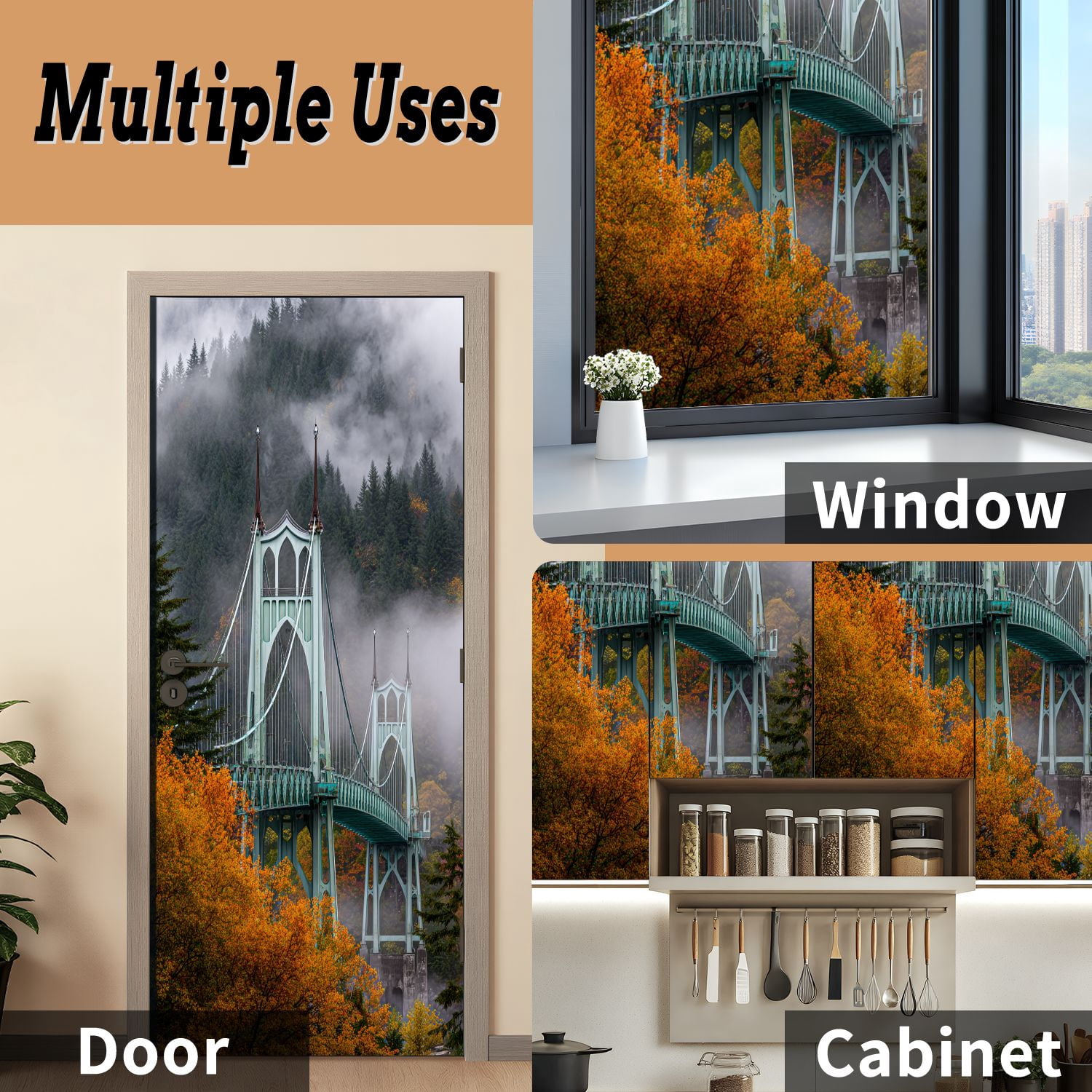 Self Adhesive Vinyl Refrigerator Wrap Set bridge portland oregon misty citys Door Mural Removable Fridge Sticker Peel and Stick&nbsp;Full Door Cover Decal Kitchen Bar Decor