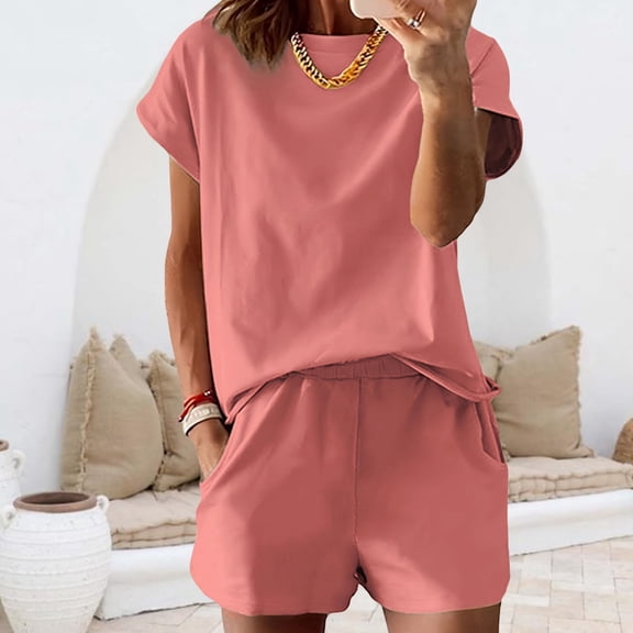 Two Piece Lounge Sets for Women Crew Neck Short Sleeve Shirt and Matching Shorts Summer Casual Sweatsuits