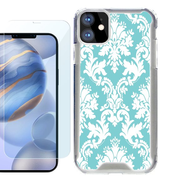 For Apple iPhone 12 Case, iPhone 12 Pro Case, Hybrid Bumper Phone case, with Tempered Glass Screen Protector, by OneToughShield ® - Victorian White/Teal