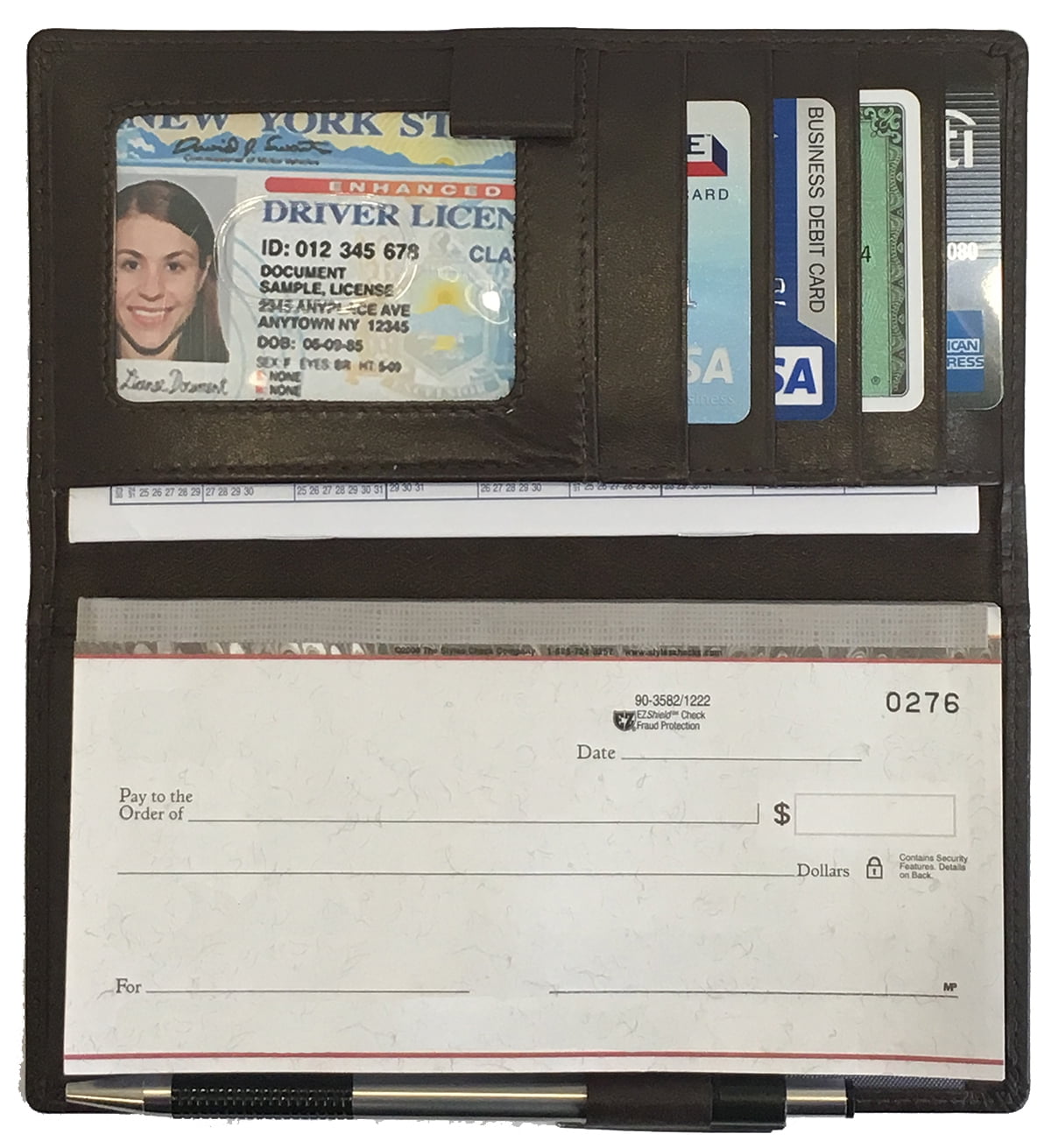 Brown RFID Leather Checkbook Cover with Credit Card Slots and Pen